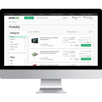 System B2B – lista towarów w panelu klienta z cenami hurtowymi i dostępnością magazynową